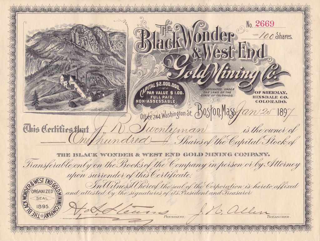 S4201, Black Wonder & West End Gold Mining Co., Stock Certificate 100 Shares, USA 1897